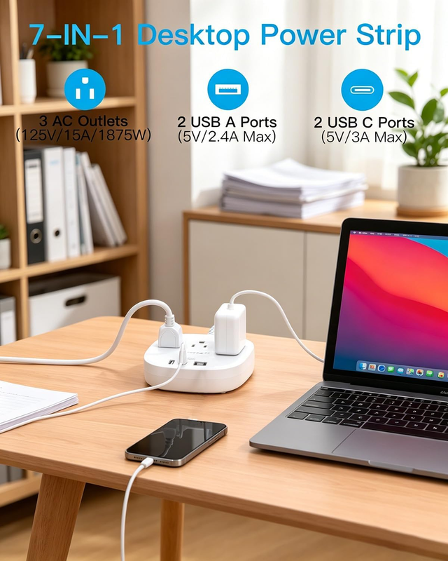Surge Protector Power Strip 3 Outlets 4 USB 2 USB C 6FT Flat Plug2