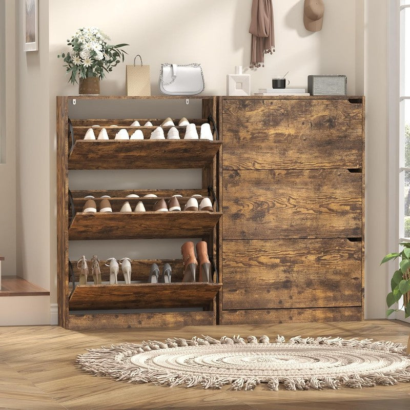 47'' Shoe Cabinet 3 Flip Drawers Slim Wood Storage Rack Organizer Entryway Brown2