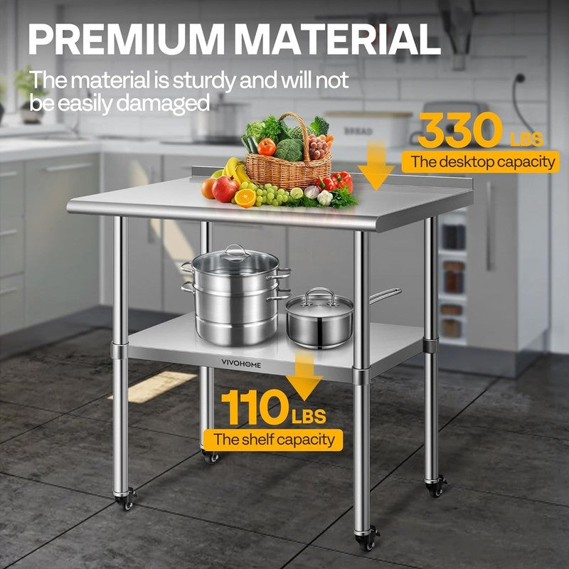 Stainless Steel Work Table 24x36 w/ Backsplash & Wheels Commercial Prep Table1