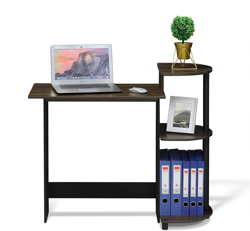 Compact Computer Desk with Shelves, round Side, Columbia Walnut/Black4