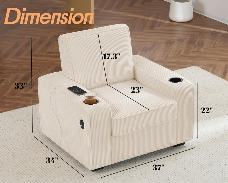 Corduroy Sofa Chair Accent Chair Cup Holders USB Ports Upholstered Beige1