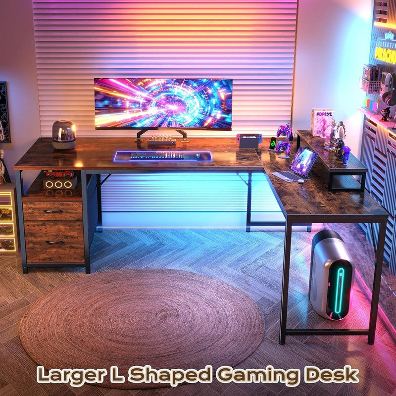 63'' L Shaped Desk w/ USB C Power Outlets Corner Office Desk Rustic Brown7
