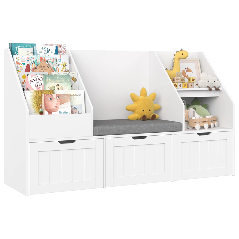 Kids Bookshelf with Reading Nook & 3 Movable Drawers, 2 Cube Bookcase with 4 Tie1