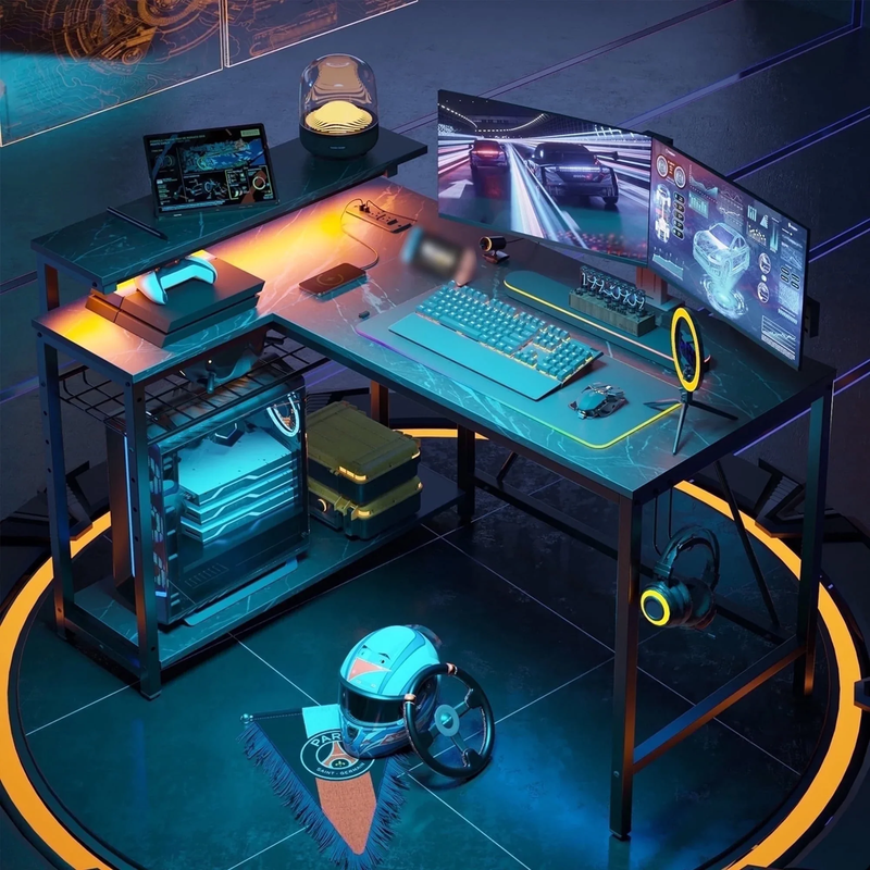 42" L-Shaped Gaming Desk LED with Power Outlets, Monitor Stand Black Marble0
