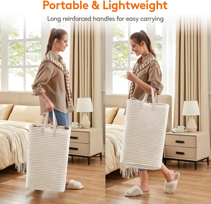 2 Pack 80L Laundry Basket Collapsible Waterproof Reinforced Handles Beige3