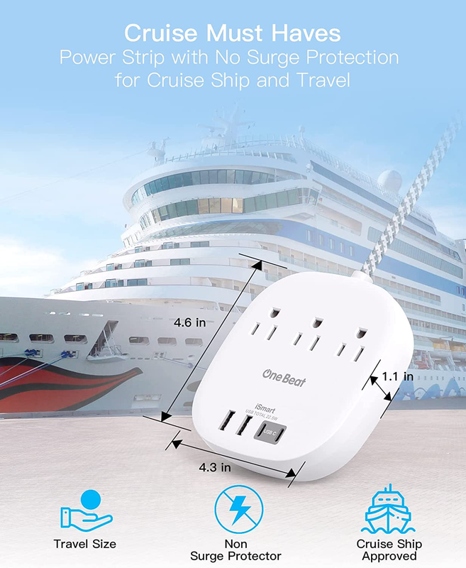 Flat Plug Power Strip 3 Outlets 4 USB 2 USB C 6FT Cruise Approved2