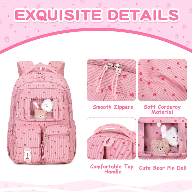 Corduroy Kawaii Ita Backpack School Bookbag Pink Strawberry4
