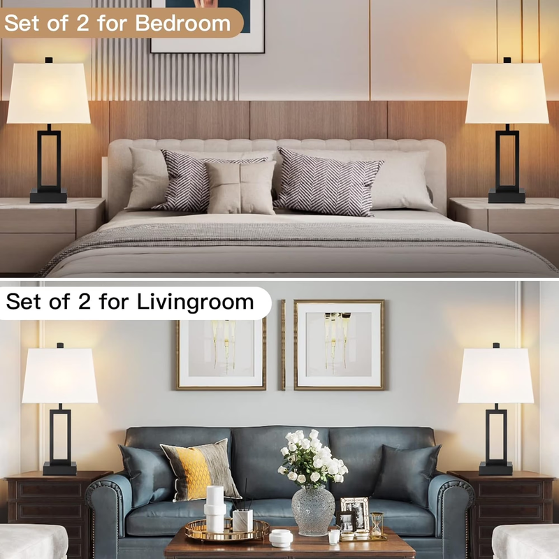 Set of 2 3 Way Dimmable Touch Table Lamps USB Ports AC Outlet Modern Nightstand 4