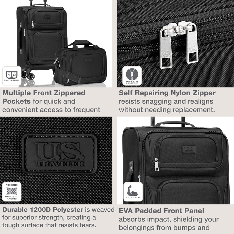 Lightweight Softside Carry On Suitcase 4 Wheel Spinner Luggage Black4