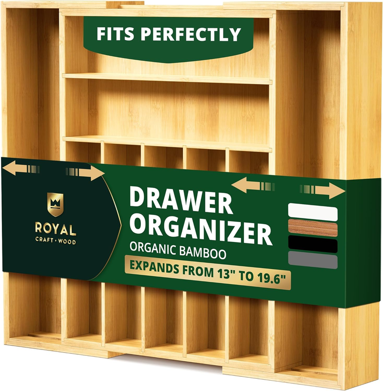Bamboo Kitchen Drawer Organizer 9 Slot Silverware Cutlery Tray Natural10