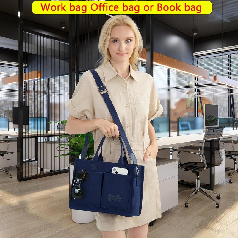 Women’s Canvas Tote Bag w/ Compartments Large Shoulder Crossbody Work Laptop Bag5
