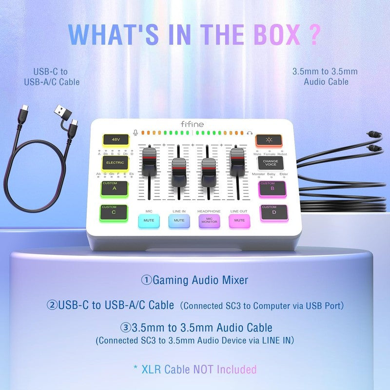 Audio Mixer Gaming Streaming PC Mixer w/ Slider Fader XLR Interface SC3W8