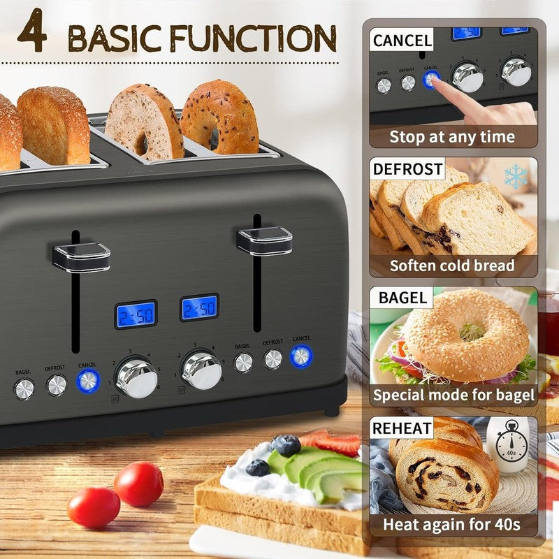 4 Slice Stainless Steel Toaster Dark Metallic - LCD, 6 Shades, Bagel, Defrost2