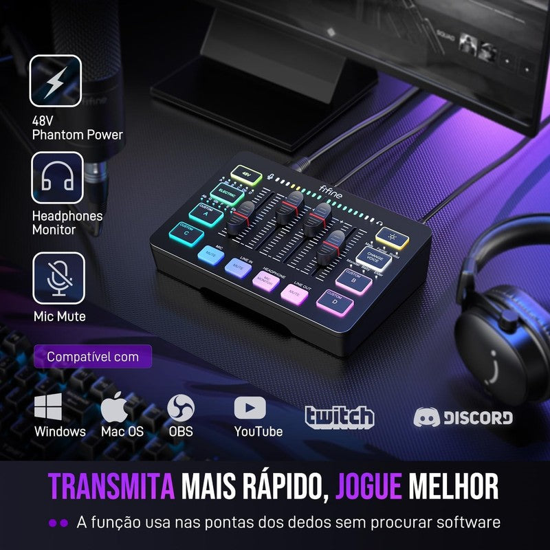Gaming Audio Mixer RGB PC Mixer with XLR Mic, Volume Fader, Phantom Power SC37