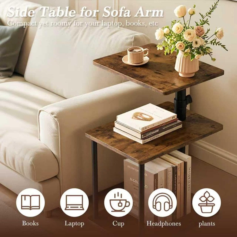 360° Swivel C Side Table 3-Tier Nightstand with Shelf Rustic Brown3