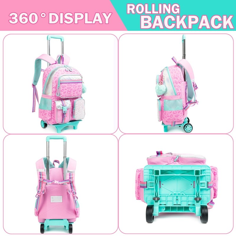 Kids Cute Rolling Backpack for Girls Trolley Pink School Bags Girls Backpacks wi1