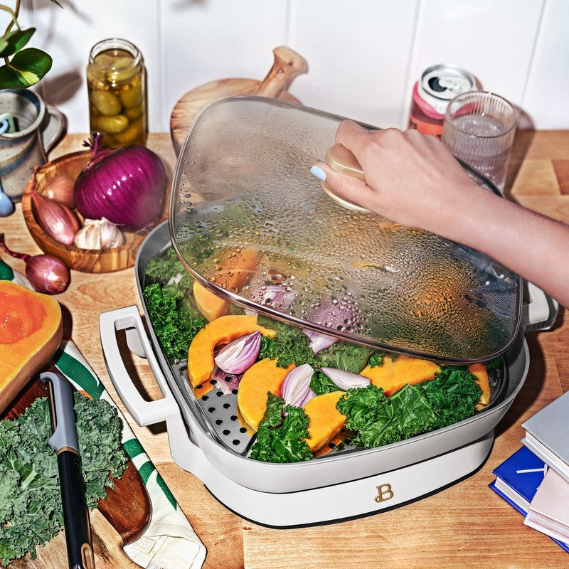 5 in 1 Electric Skillet Expandable to 7 Qt w/ Glass Lid White Icing5