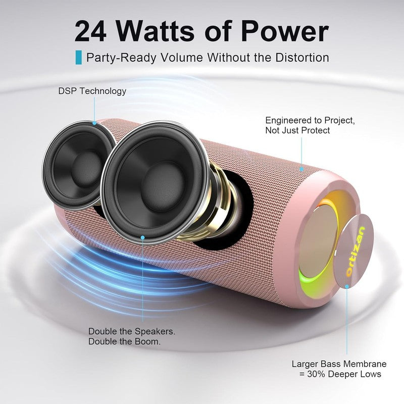 24W Bluetooth Speaker, IPX7 Waterproof, 30H Playtime, 360° Light, Stereo, Pink1