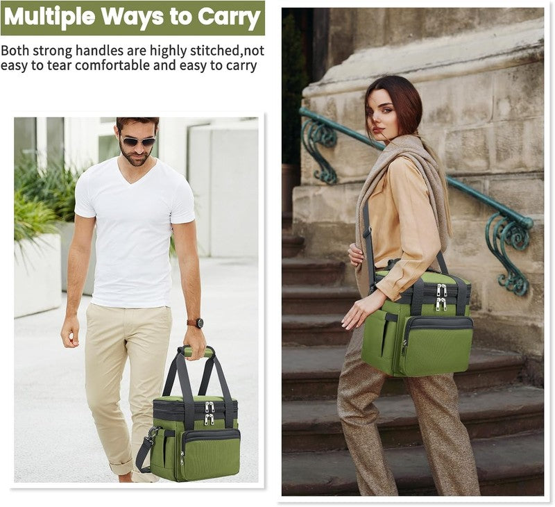 Insulated Lunch Bag & Box 15L Double Deck Reusable Cooler Tote Leakproof Green1
