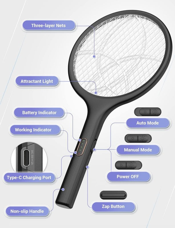 Electric Fly Swatter Bug Zapper Racket 4000V LED Screen Dual Modes Fly Zapper Re7