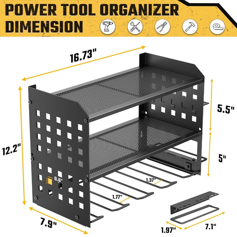 Power Tool Organizer, 3 Layers Drill Holder Wall Mount with 2 Side Pegboards, He6