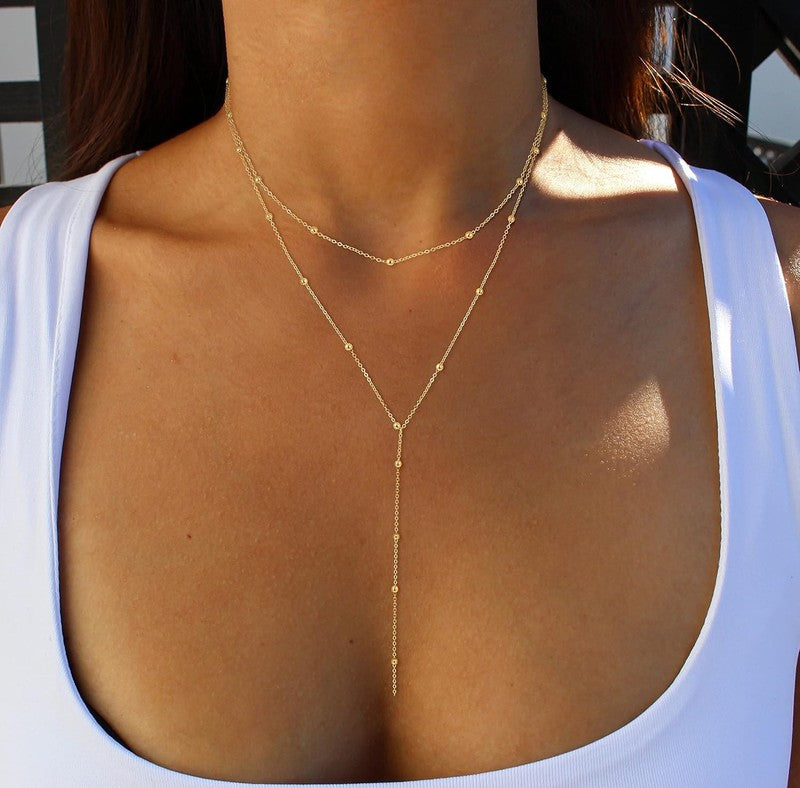 14K Gold/Silver Plated Lariat Y Necklace CZ Beaded Drop Pendant for Women1