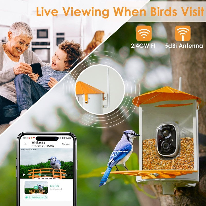 Smart Bird Feeder w Camera Metal Squirrel-Proof AI ID Solar Panels Orange1