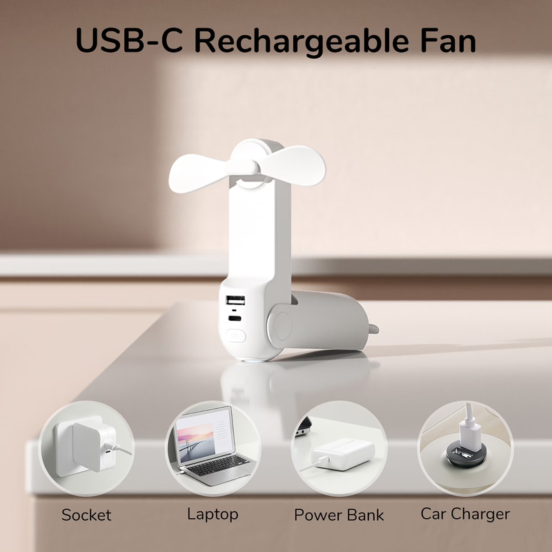Portable Mini Fan Rechargeable Handheld 3 in 1 Pocket Fan Power Bank White3