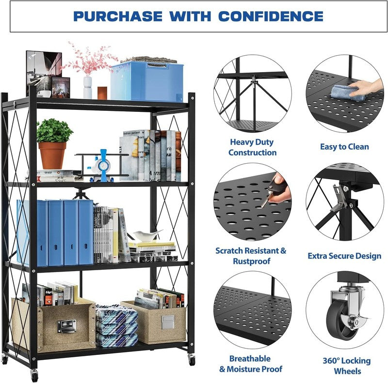4 Tier Foldable Storage Shelf w Wheels Metal Rolling Rack for Kitchen Pantry3