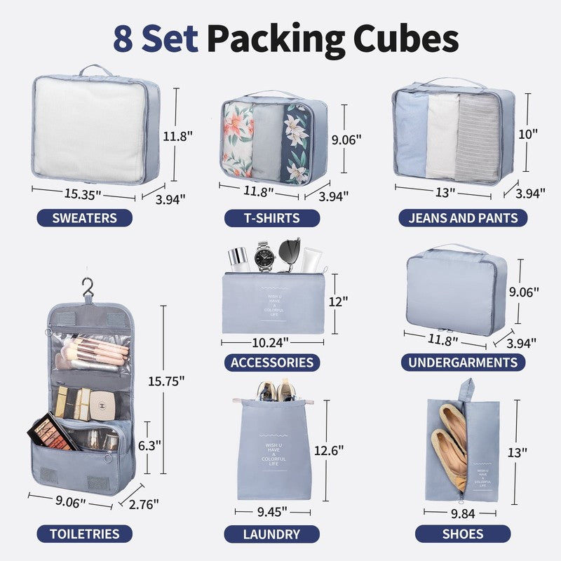 5 Piece Luggage Set with 8 Packing Cubes, Hard Shell Suitcase Set with Spinner W3