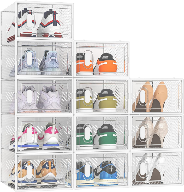 12 Pack Clear Plastic Shoe Storage Boxes, Stackable Organizers with Lids Size 109