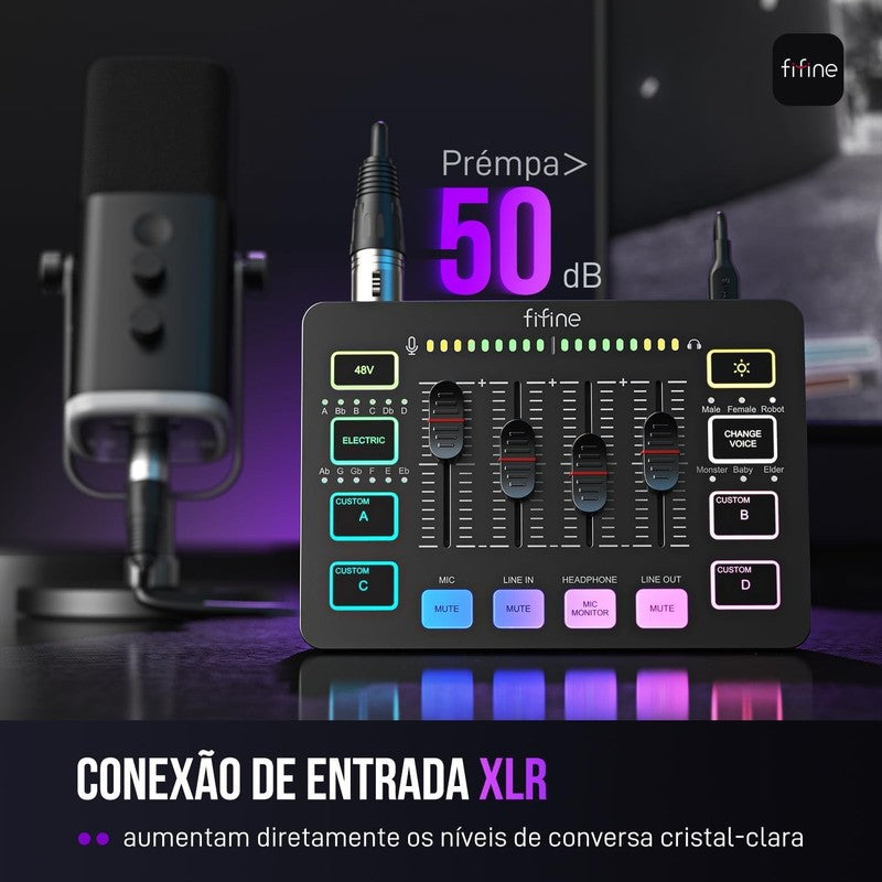 Gaming Audio Mixer RGB PC Mixer with XLR Mic, Volume Fader, Phantom Power SC31