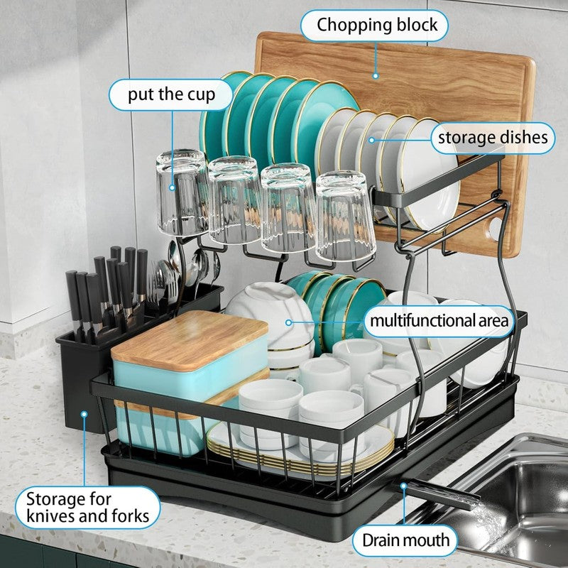 2 Tier Large Dish Drying Rack with Utensil Holder   Black Kitchen Organizer4