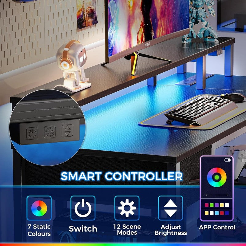 47'' L Shaped Gaming Desk LED Lights Power Outlets Reversible Black4