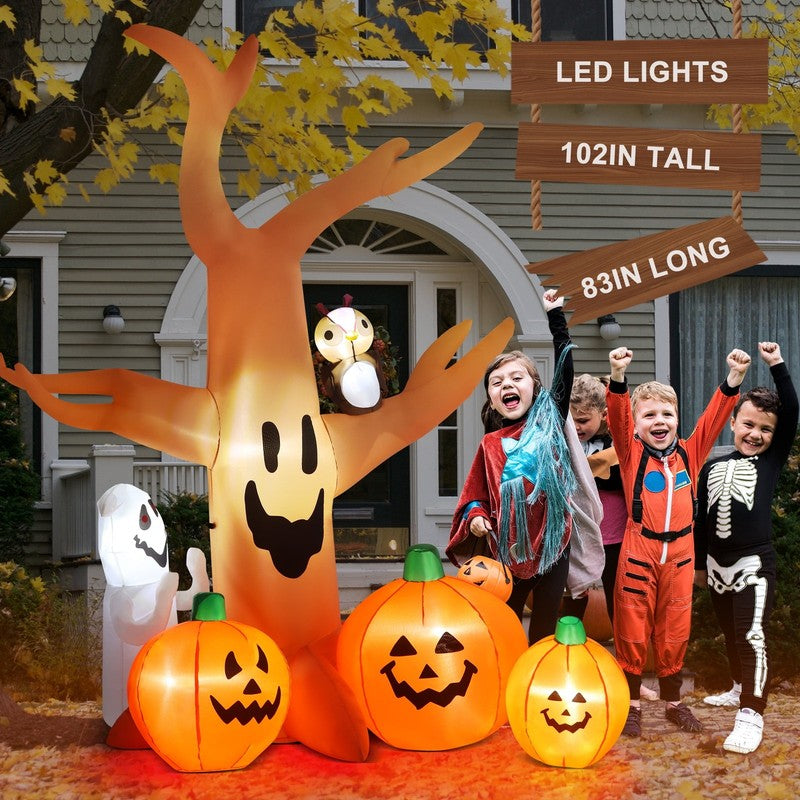 8Ft Halloween Inflatable Dead Tree w/ LED, Pumpkin, Ghost & Owl Yard Decor4