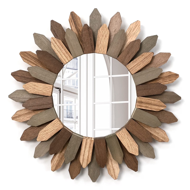 Boho Wall Decor 12 Inch Decorative Mirror with Rustic Wood Sunburst Frame, Perfe0