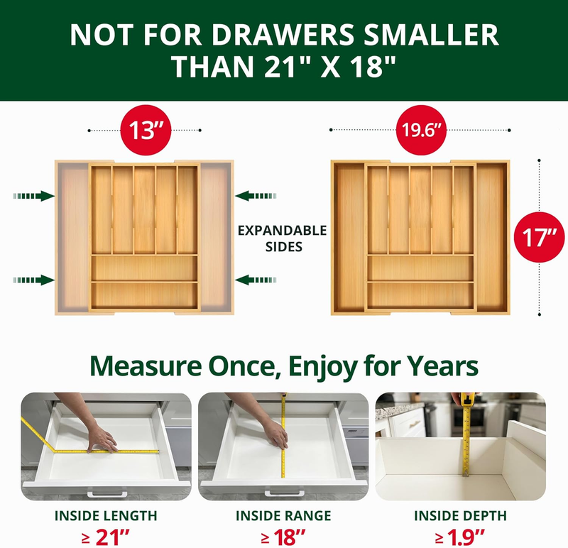 Bamboo Kitchen Drawer Organizer 9 Slot Silverware Cutlery Tray Natural3