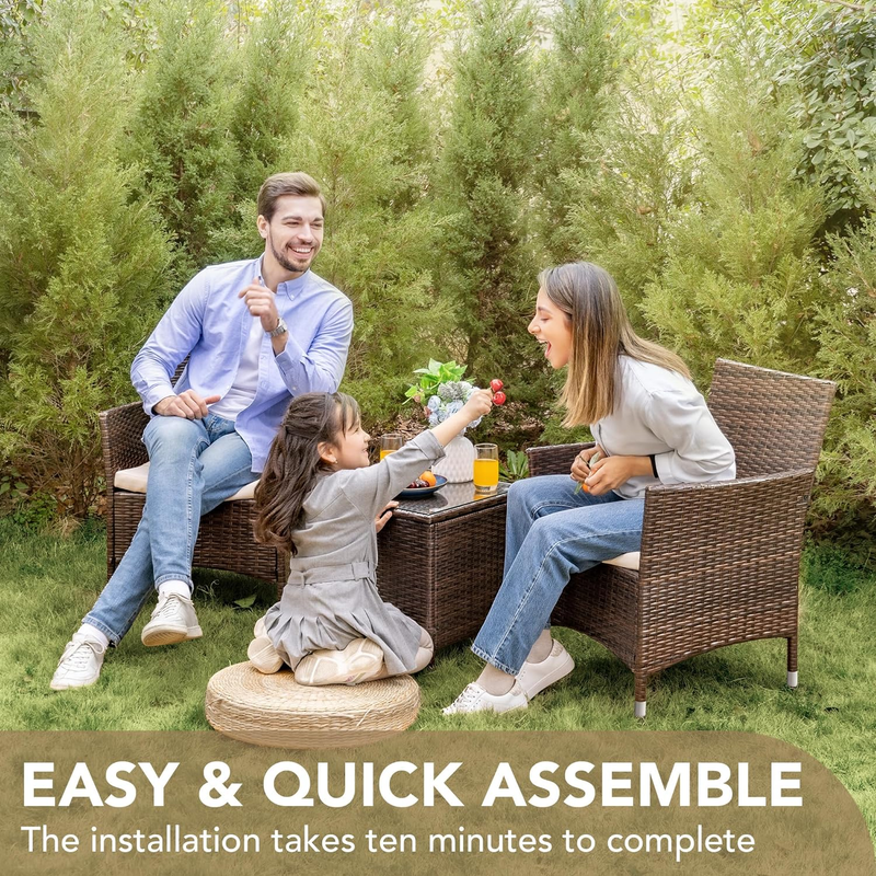 3 Piece Patio Furniture Set PE Rattan Table Outdoor Set Brown Beige Patio Porch5