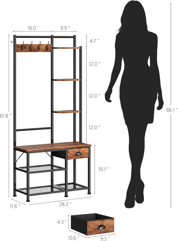 Hall Tree Entryway Bench with Coat Rack & Shoe Storage 4-in-1 Rustic Brown6