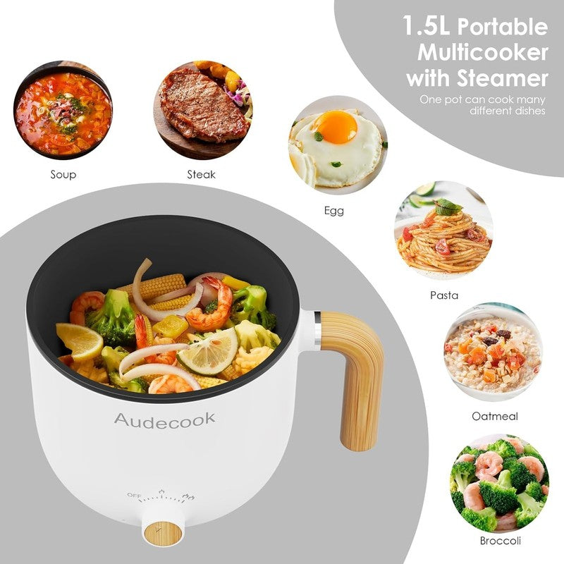1.5L Electric Hot Pot Steamer Nonstick Noodle Cooker Dual Power Control White1