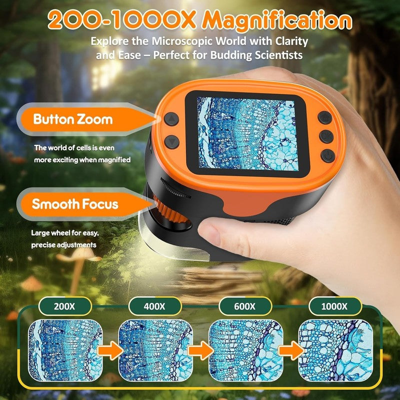 Kids 1000X Digital Handheld Microscope 4K, 2" Screen, Rechargeable w/Slides2