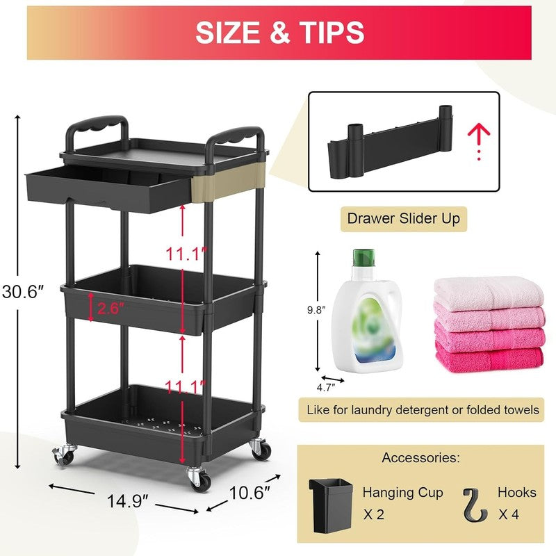 3-Tier Rolling Utility Cart with Drawer, Black Storage Cart with Wheels3
