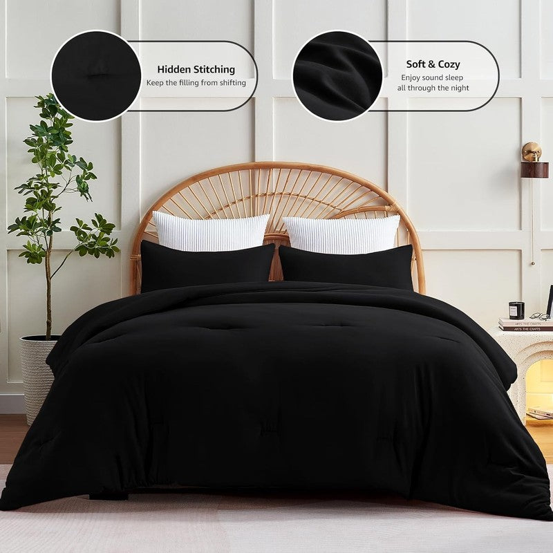 Queen Comforter Set Black, 3 Pieces Solid Queen Comforter Breathable Quilted Sty2