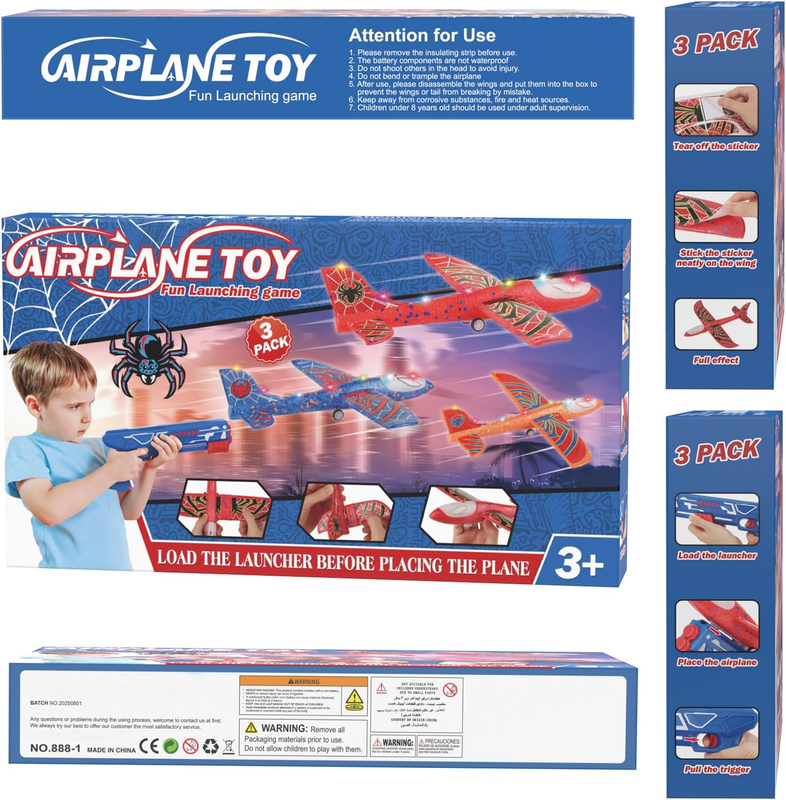 3 Pack Spider LED Foam Airplane Launcher Toys 2 Flight Modes Outdoor Kids8