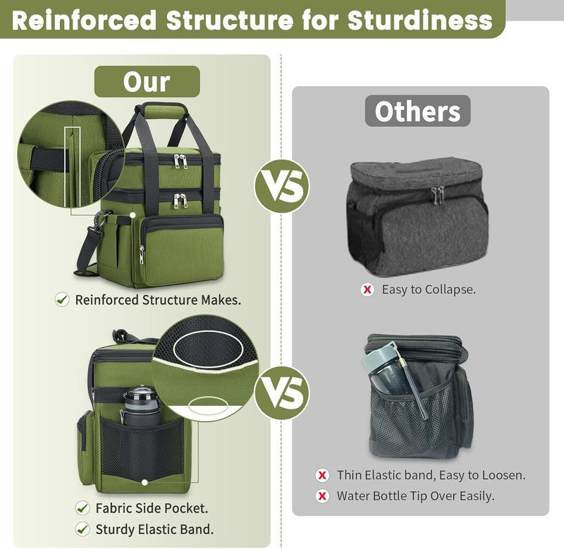 Insulated Lunch Bag & Box 15L Double Deck Reusable Cooler Tote Leakproof Green3