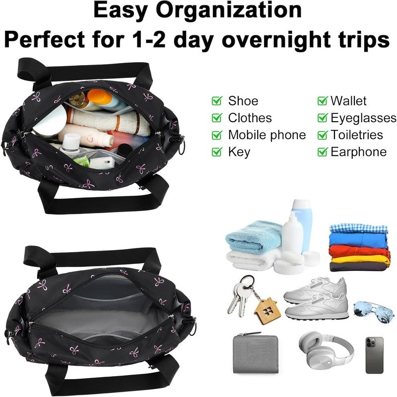 Mini Gym Bag Women Quilted Duffel Wet Compartment Coin Purse Black Pink Bow5
