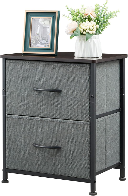 Set of 2 Nightstands 2 Drawer Bedside Table w/ Fabric Bins Charcoal Grey3
