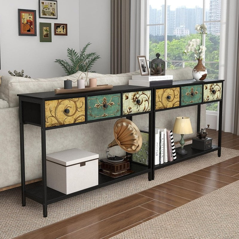 Black Entryway Console Table Boho Farmhouse Sofa Table 3 Fabric Drawers Shelf5