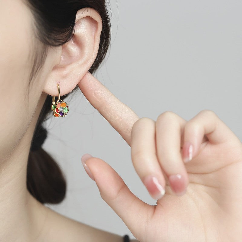 14K Gold Plated and Floral Leverback Earrings with Crystals3