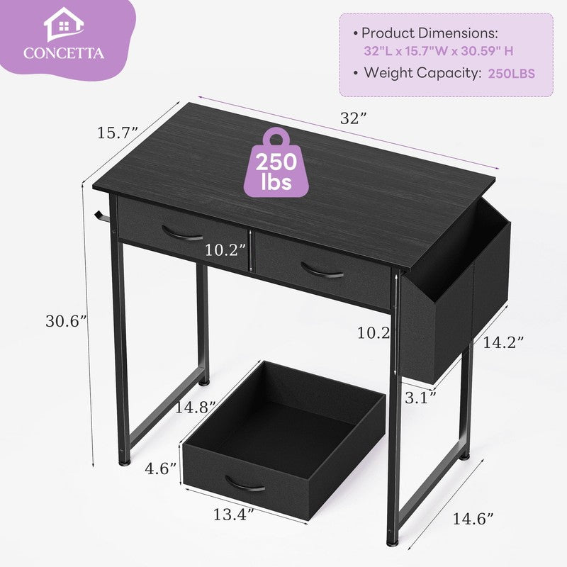 32" Small Desk w/ Fabric Drawers Vanity/Storage Desk for Bedroom Black2